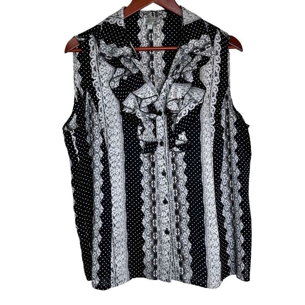 Tahari ASL Preppy Ruffle Trim Button Front Tank Top Blouse Womens XL Black White